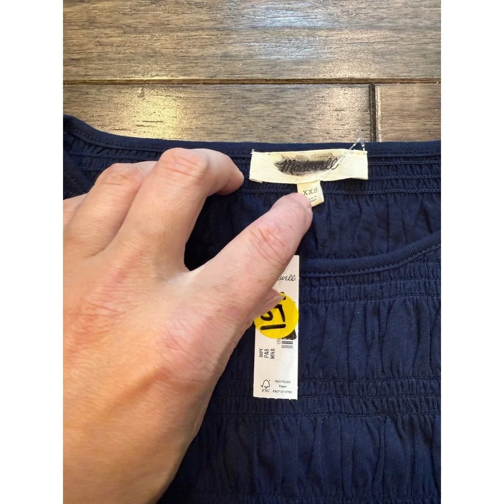 Madewell Smocked Top Women XXS Navy Blue Puff Sleeve Ruched Cotton Crew Neck